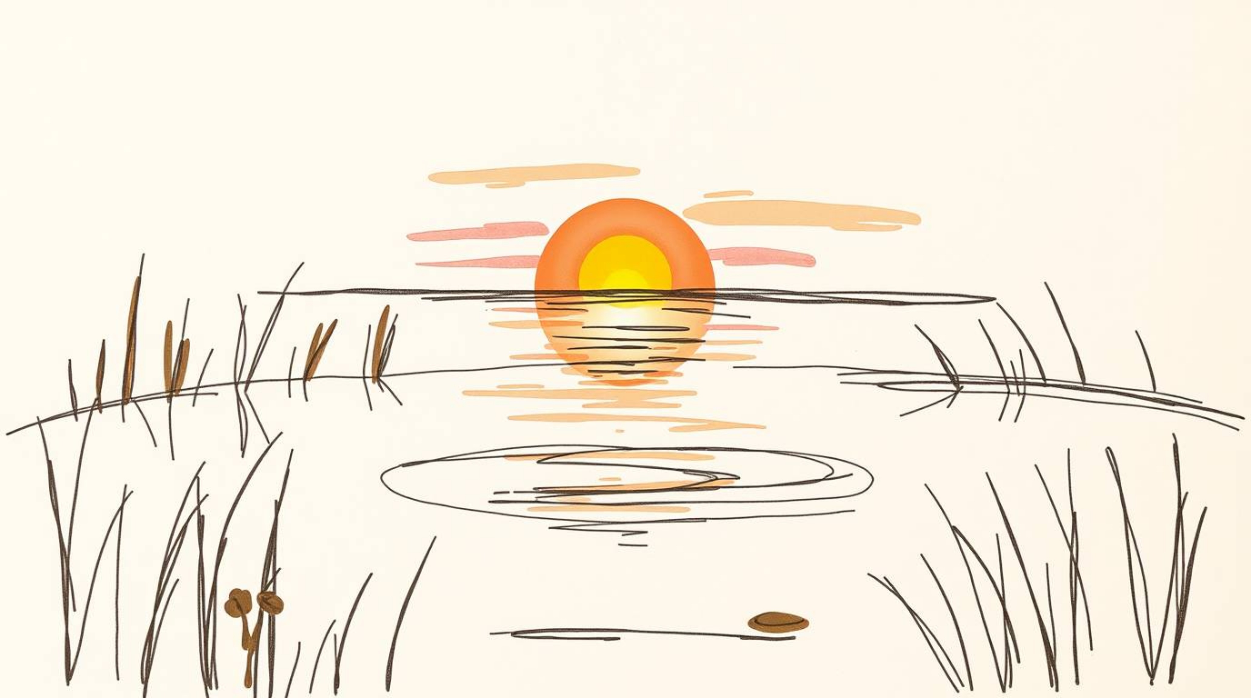 A captivating hand-drawn sketch in natural earth tones showcases the serene reflection of a vibrant sunset in a calm pond.  T