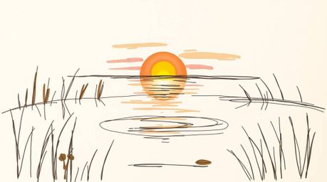 A captivating hand-drawn sketch in natural earth tones showcases the serene reflection of a vibrant sunset in a calm pond.  T