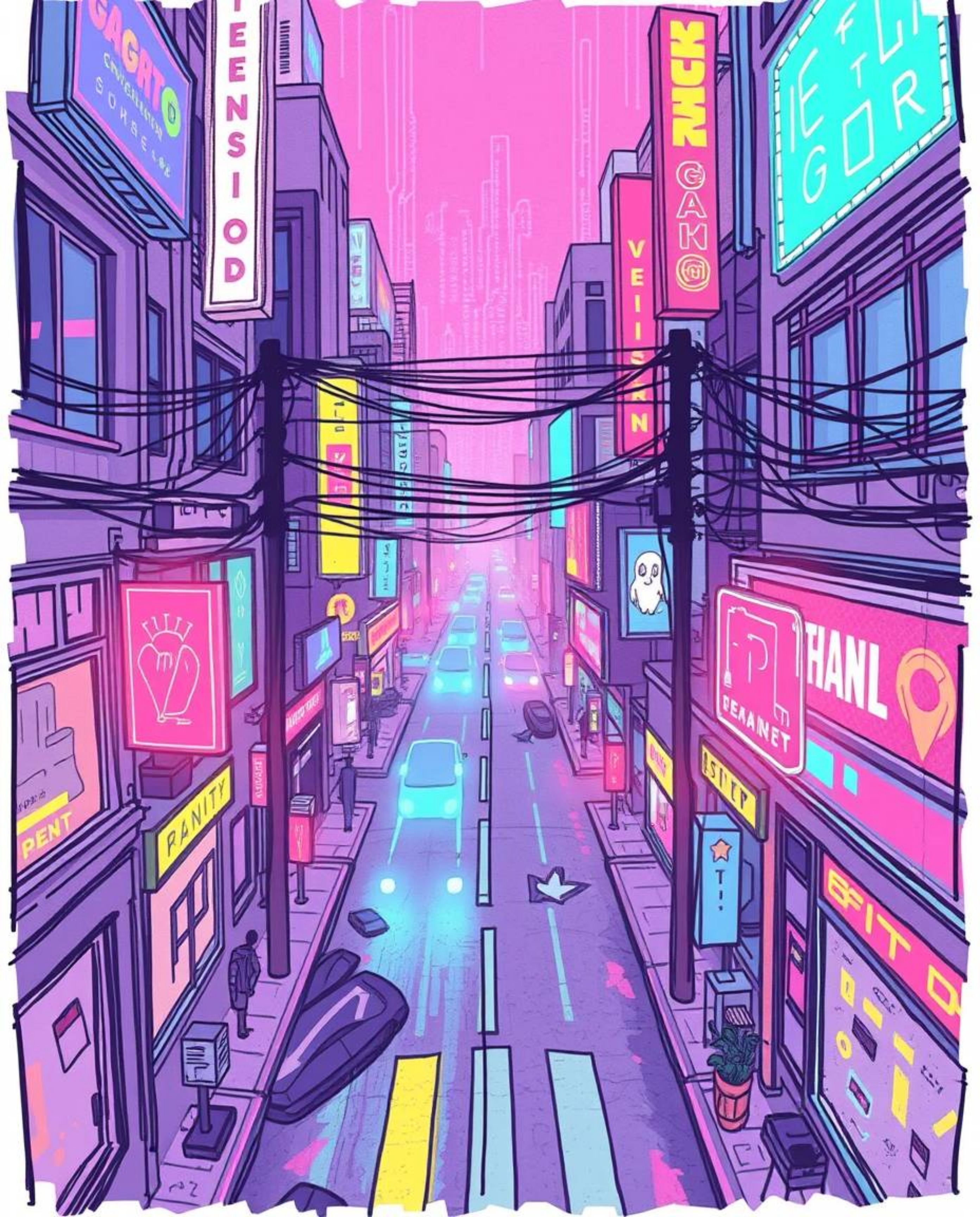 A unique hand-drawn, bird's-eye view sketchnote depicts a cyberpunk street scene.  The image utilizes a pixelated glitch art 