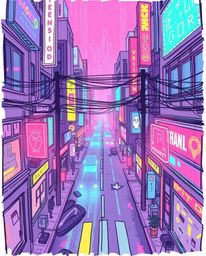 A unique hand-drawn, bird's-eye view sketchnote depicts a cyberpunk street scene.  The image utilizes a pixelated glitch art 