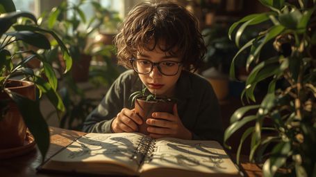 a warmly lit, cinematic photograph of a bright-eyed, bespectacled homeschooled genius, with a mop of curly brown hair and a s