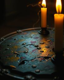 Experience the unsettling beauty of a cast bronze surface brought to life by warm candlelight. Colorful watercolor splashes d