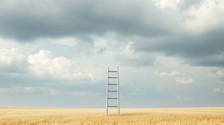A soft and dreamy artwork featuring a silver ladder in an open field beneath a cloudy sky, rendered in an intricate origami s