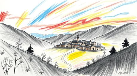 Explore a hand-drawn sketch depicting a cozy village nestled in a valley under a vibrant, colorful sky. This artwork uses rou