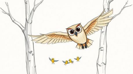 A charming hand-drawn sketch in the style of Pixar depicts a wise, blind owl gliding gracefully between trees.  With expressi
