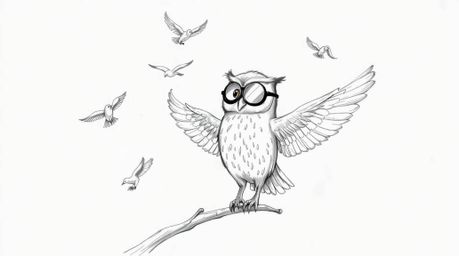 A whimsical hand-drawn sketch depicts a blind owl, rendered in a Pixar-inspired style, teaching birds how to fly. Bathed in w