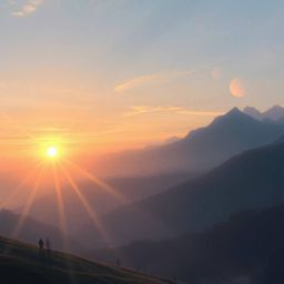 A captivating digital painting depicts a serene sunset over a tranquil mountain valley.  The artwork exudes an ethereal and s