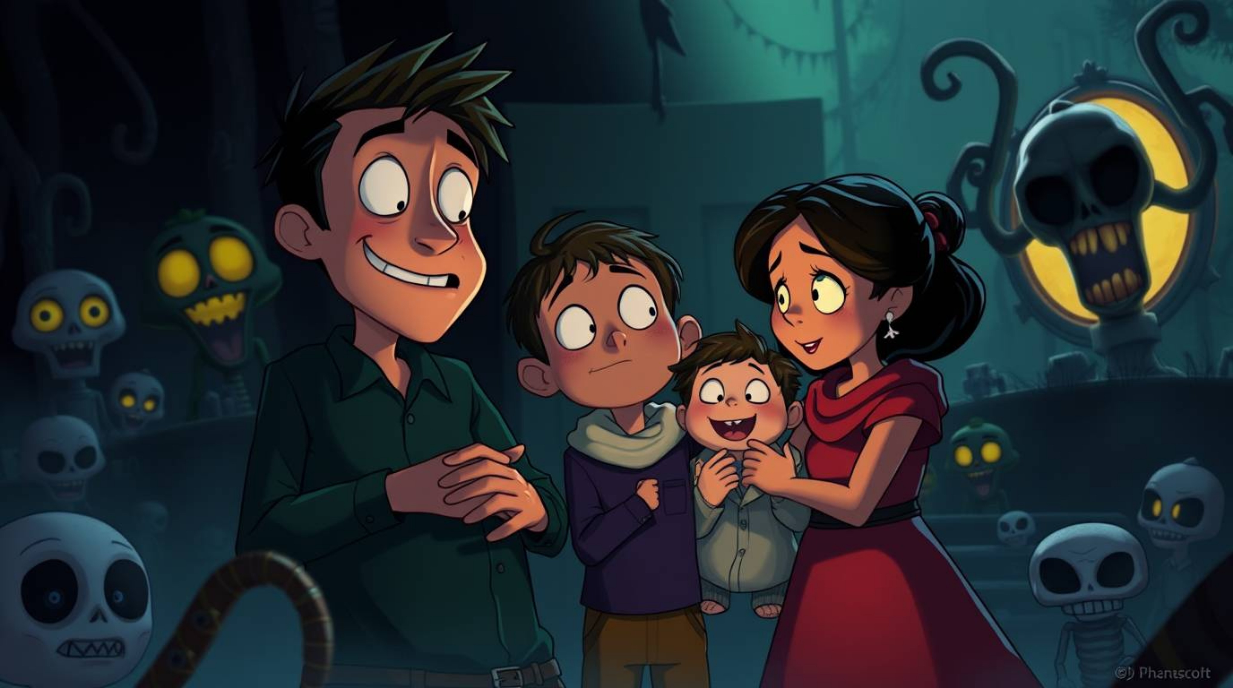 Experience a Pixar-style family reunion with a twist. This unsettling yet heartfelt illustration blends dark tones with brigh