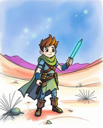 A captivating hand-drawn sketch depicts a brave hero embarking on a Disney-style desert adventure.  The illustration utilizes