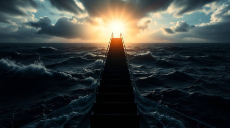 A dramatic staircase rising from a stormy ocean towards a sunburst-lit sky creates an epic and symbolic scene. The intense je