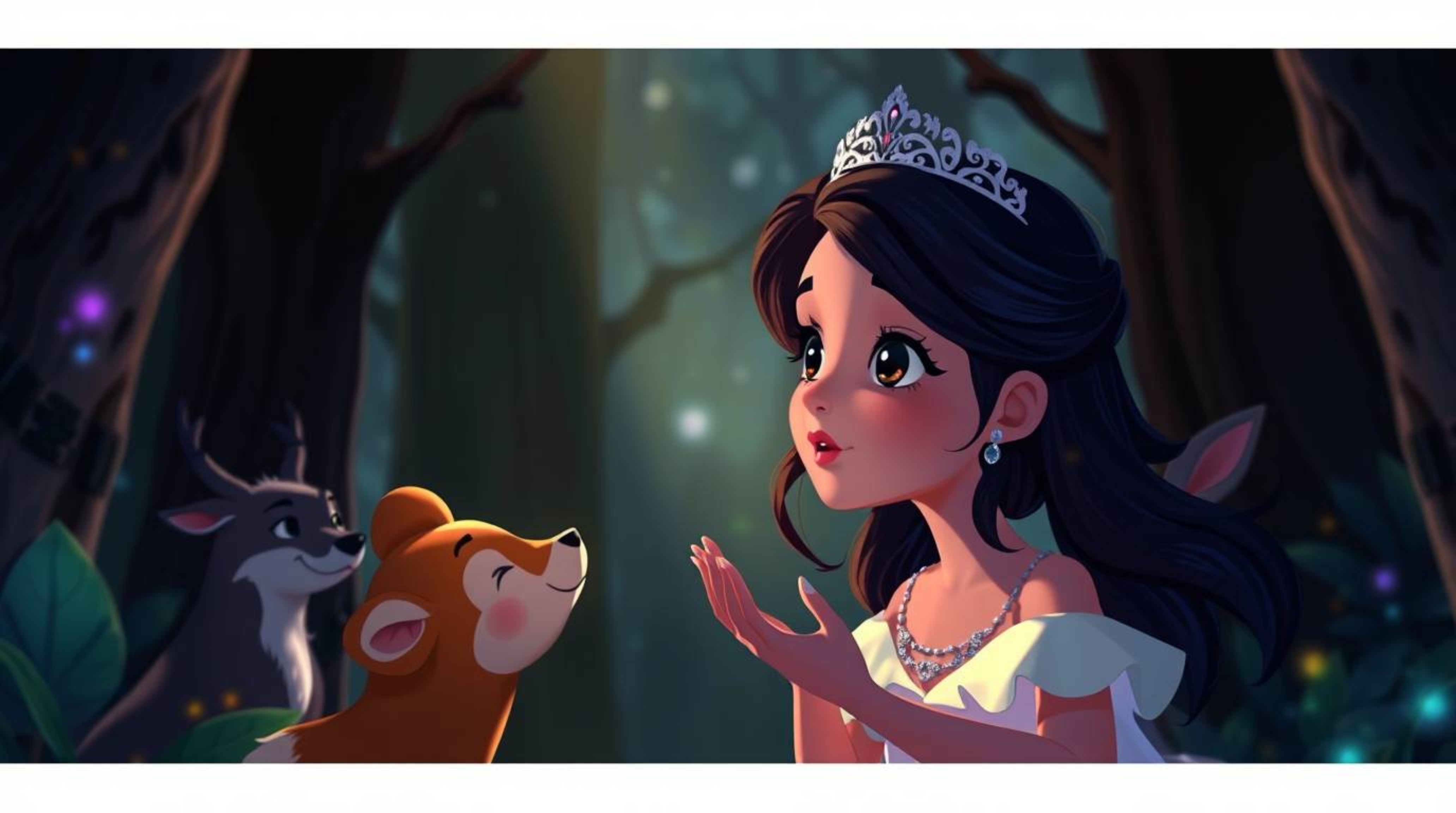 A captivating vintage 2D animation depicts a princess with dark eyes and ebony hair serenading forest animals. The scene is b