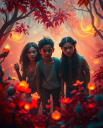 A surreal and dreamlike image depicts a group of friends, each possessing distinct features and radiating glowing auras, as t