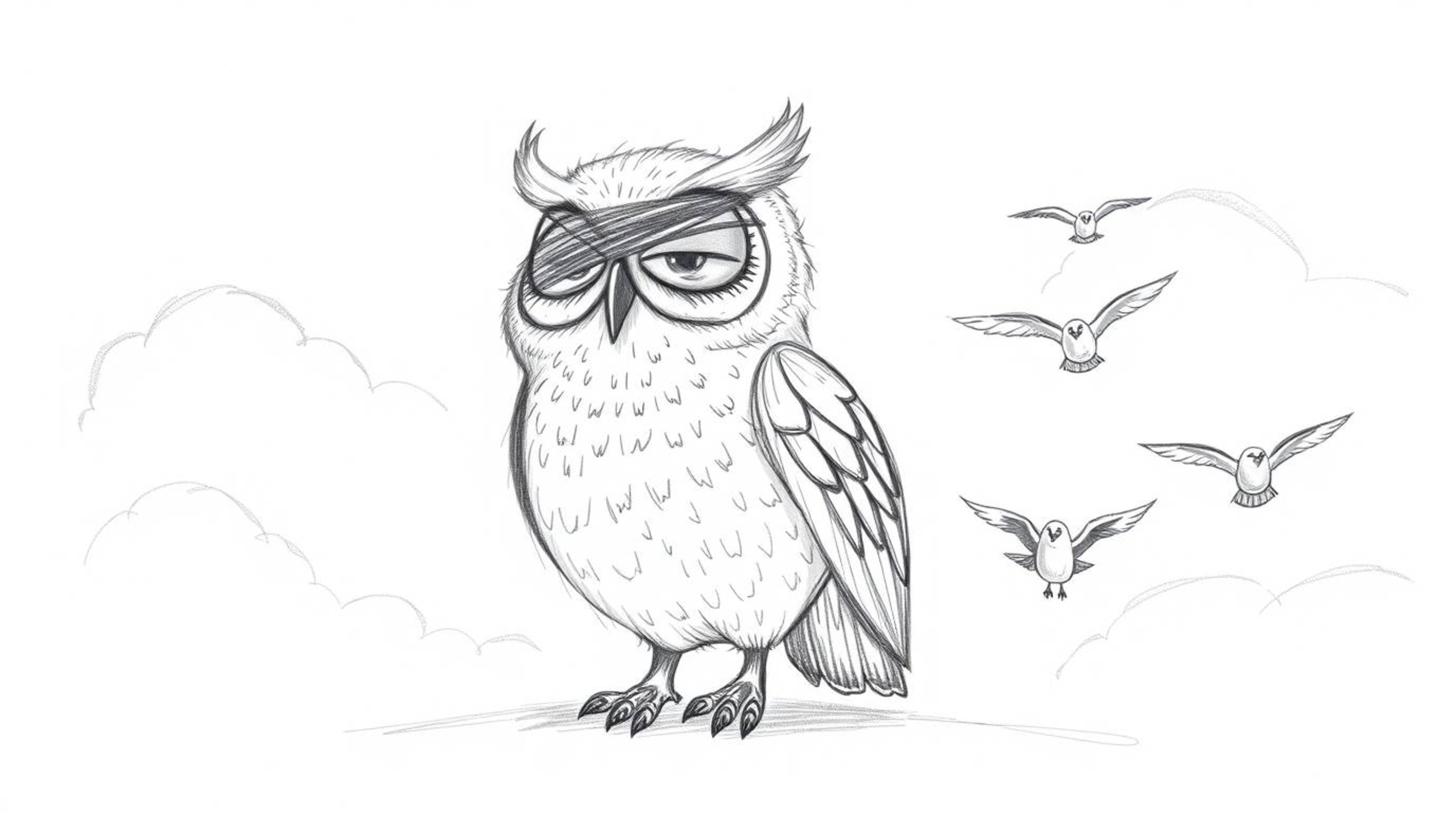 A whimsical, hand-drawn sketch in the style of Pixar portrays a heartwarming scene: a blind owl with soft feathers and large,