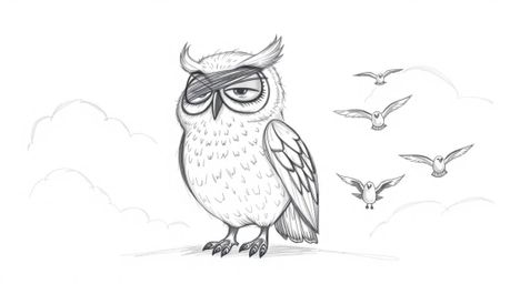 A whimsical, hand-drawn sketch in the style of Pixar portrays a heartwarming scene: a blind owl with soft feathers and large,
