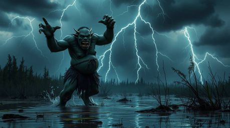 A captivating high-resolution stock photo depicts an ogre joyfully dancing in a swamp amidst a dramatic thunderstorm.  The in