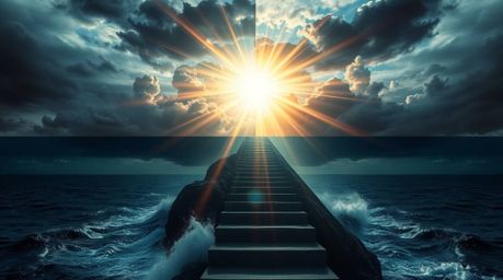 A dramatic staircase rises from the ocean towards a stormy sky, illuminated by a divine sunburst, creating an epic and symbol