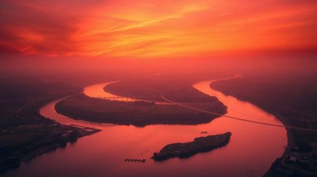 Experience the breathtaking beauty of a winding river illuminated by a dramatic orange-pink sunset. This high-angle aerial sh