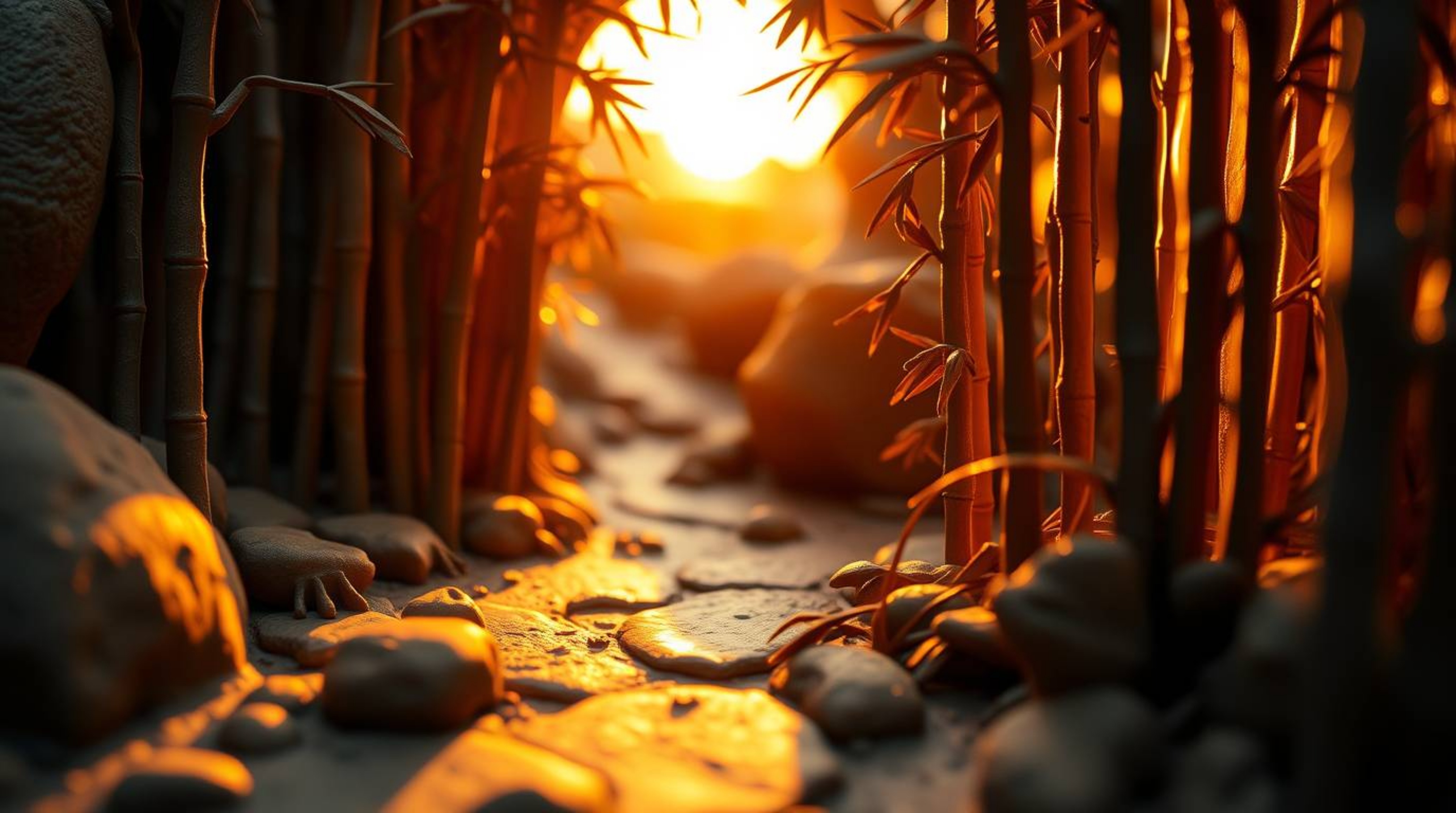 A captivating close-up captures a sculptural clay art piece representing a bamboo forest illuminated by the warm hues of a se