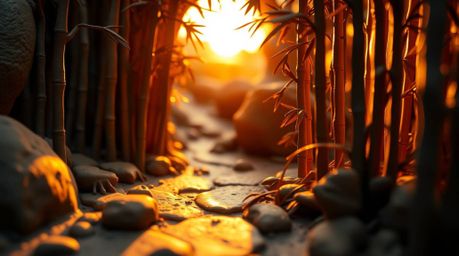 A captivating close-up captures a sculptural clay art piece representing a bamboo forest illuminated by the warm hues of a se