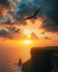 This is a dreamlike and surreal depiction of a sunset over a coastal cliff, where soaring birds with adorable and cute charmi