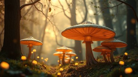 Immerse yourself in a vintage-style enchanted forest scene, brought to life with glowing mushrooms and bathed in the warm, go