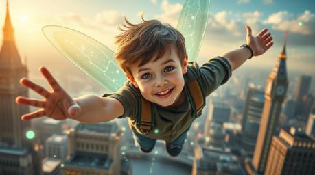 A vibrant image of a young boy with rosy cheeks and bright eyes soaring above a futuristic London skyline, propelled by glowi