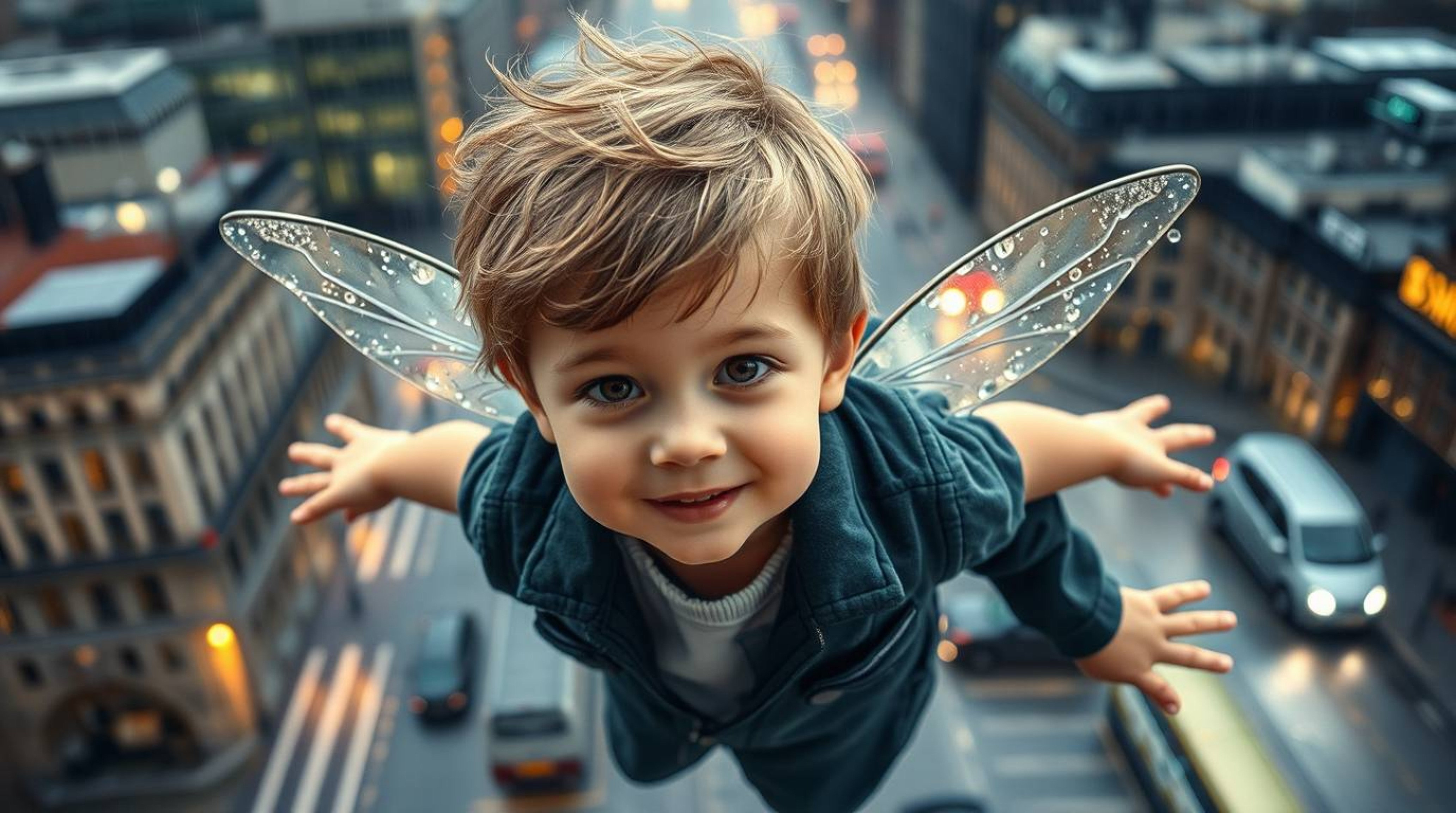 A charming image of an adorable young boy with captivating features, soaring above the London cityscape with pixie dust.  The