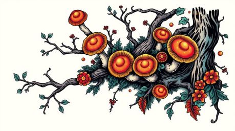 Discover stunning symbolic tattoo art featuring a vintage enchanted forest scene. This overhead bird's-eye view showcases glo