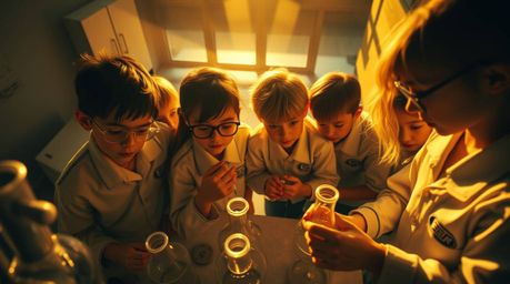 A captivating high-angle shot captures a group of quirky children in school uniforms engrossed in exciting science experiment