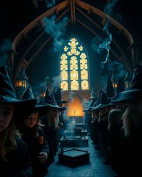 Experience the intensity and drama within the walls of a magical school, captured in a tight close-up. Young wizards are illu