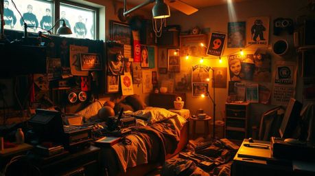 Immerse yourself in a scene of organized chaos: a messy bedroom brimming with quirky gadgets and vibrant posters, all bathed 