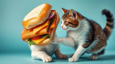 A vibrant depiction of a dog and cat engaging in a playful struggle over a large sandwich. The use of complementary colors cr