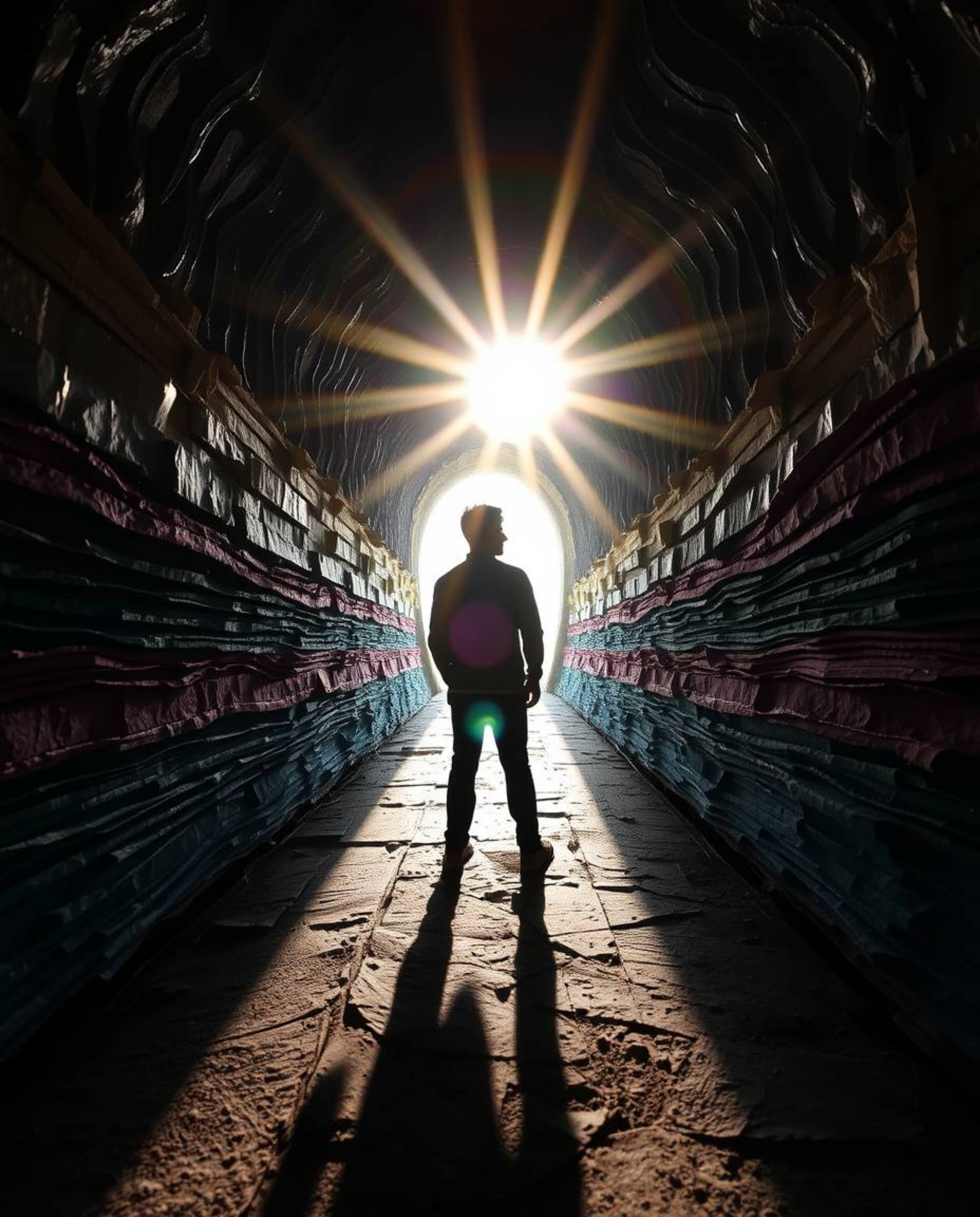 A captivating image depicting a person silhouetted against a bright lens flare at a tunnel's entrance.  The artwork features 