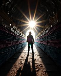 A captivating image depicting a person silhouetted against a bright lens flare at a tunnel's entrance.  The artwork features 