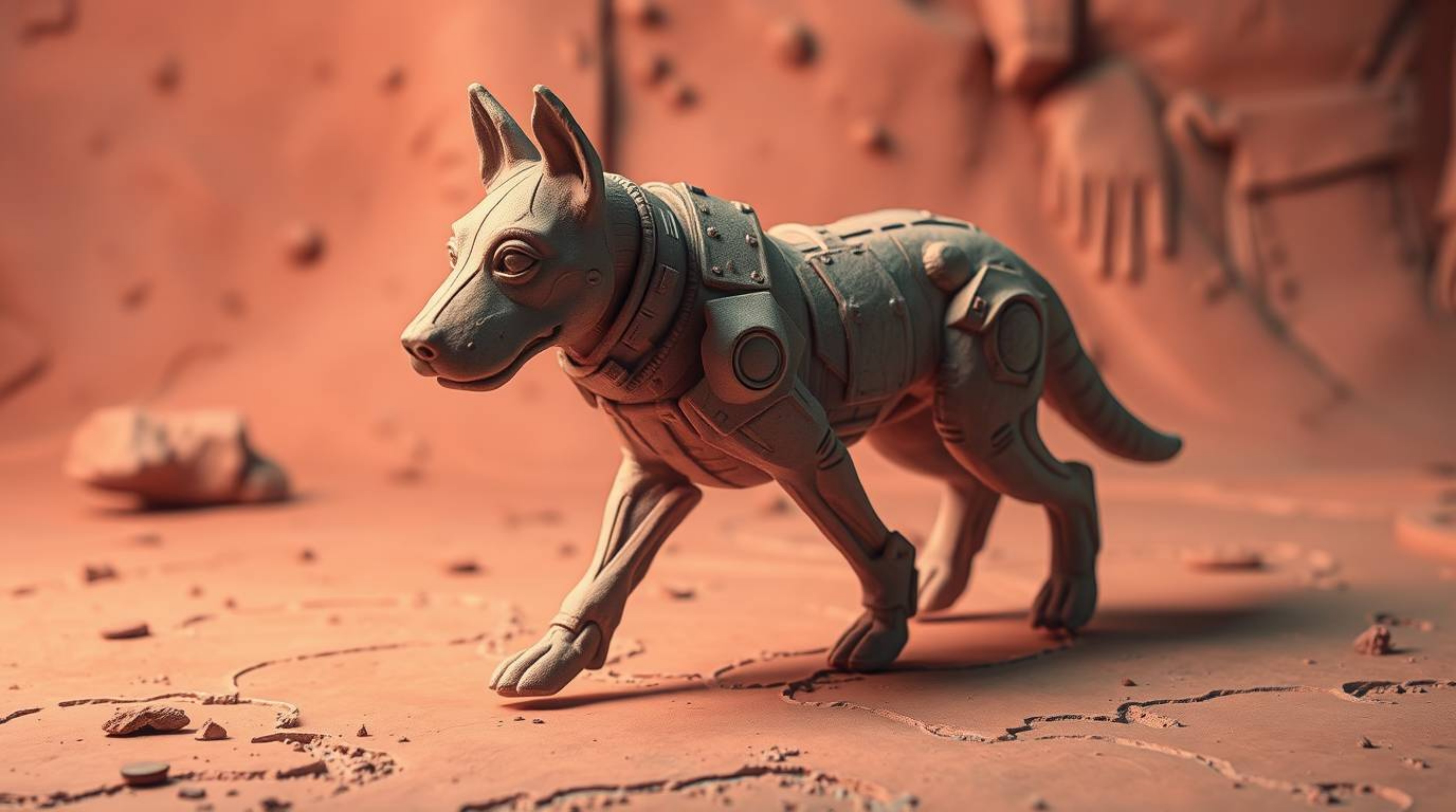 Discover a captivating clay sculpture depicting a futuristic dog taking a self-propelled stroll through space.  Rendered in s