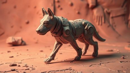 Discover a captivating clay sculpture depicting a futuristic dog taking a self-propelled stroll through space.  Rendered in s