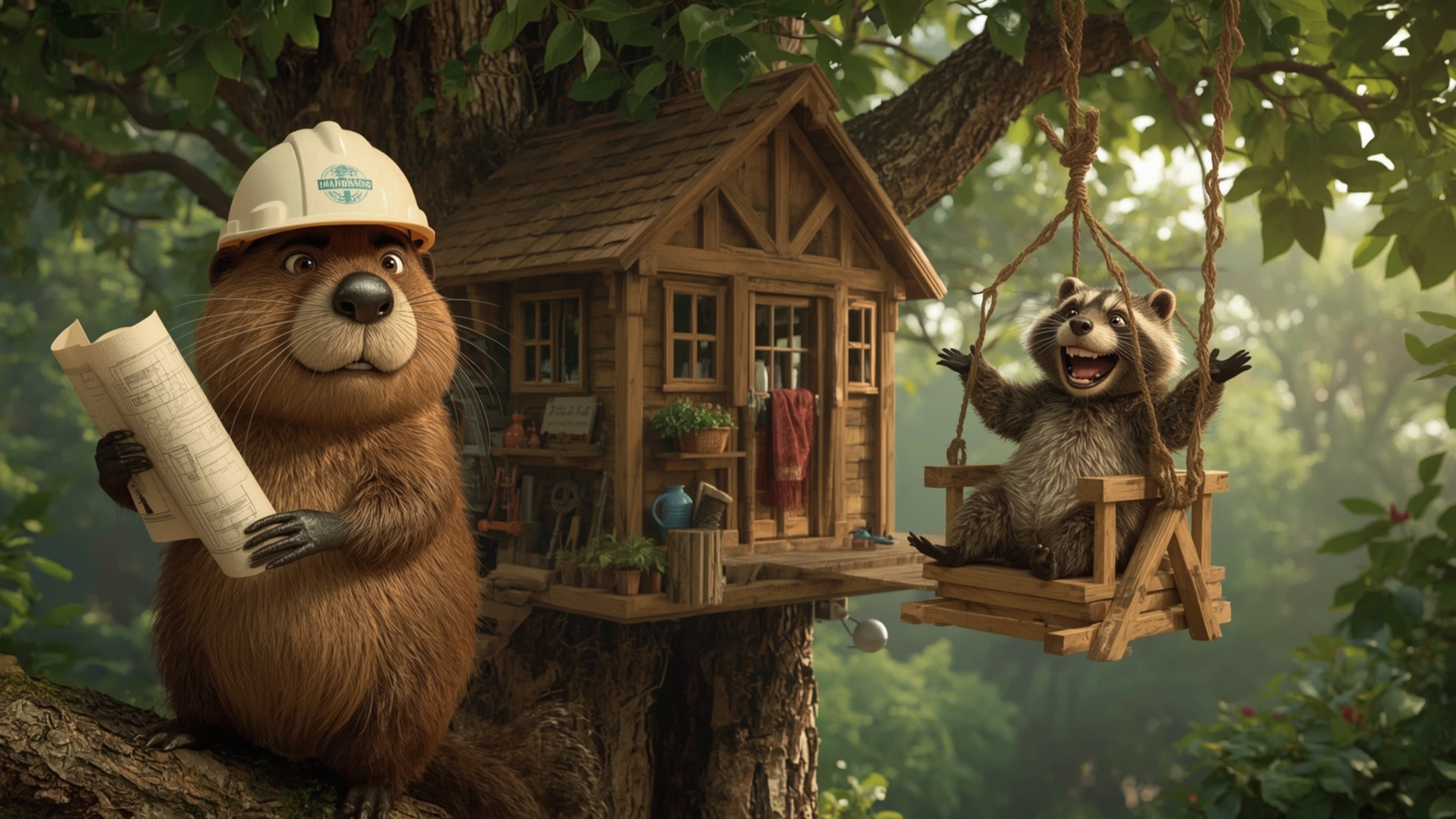 A high-resolution stock photo, in a whimsical Pixar-inspired style, captures a beaver with shiny brown fur and a miniature ha