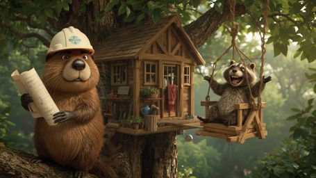A high-resolution stock photo, in a whimsical Pixar-inspired style, captures a beaver with shiny brown fur and a miniature ha