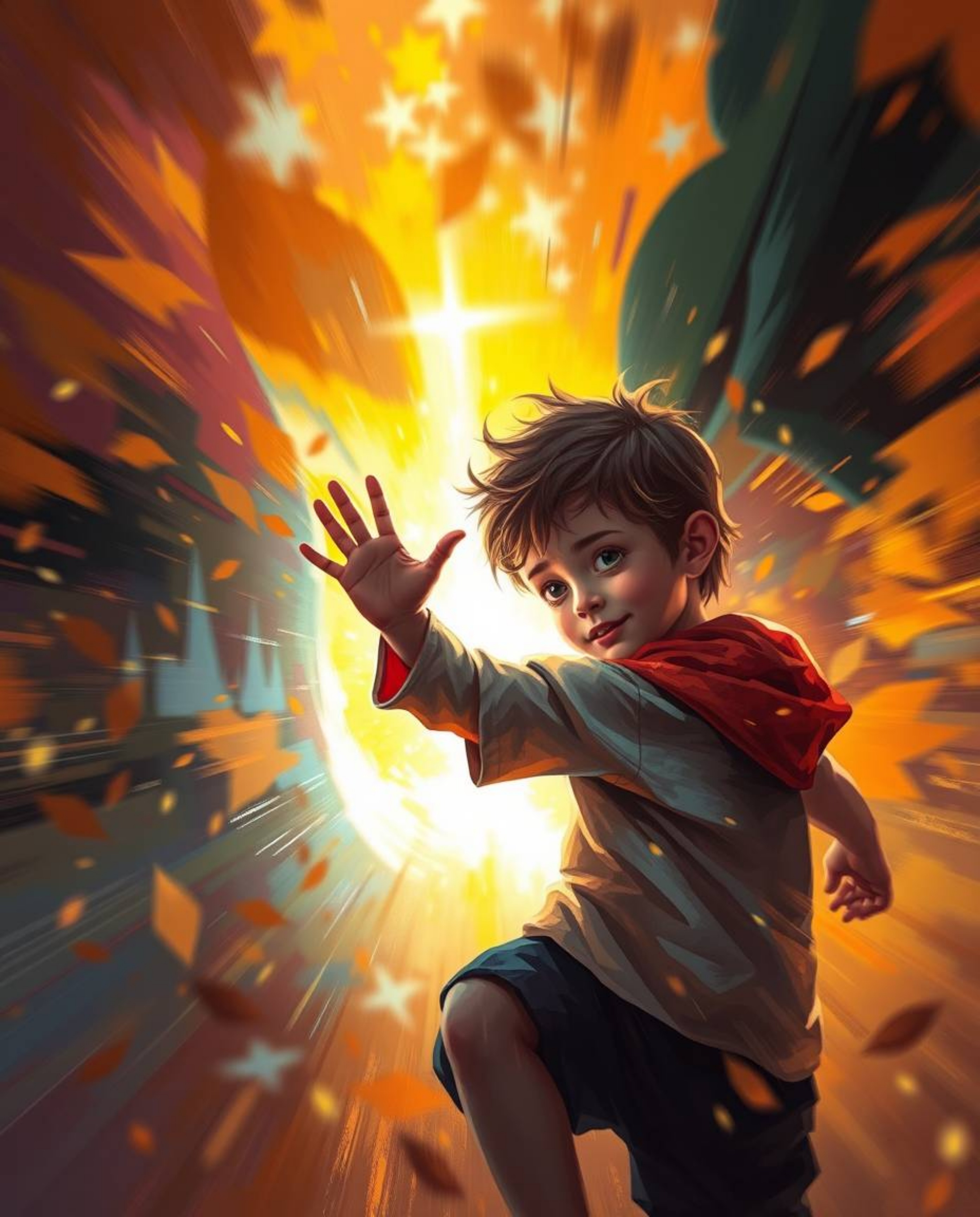 A captivating digital painting depicts a child in dynamic action, discovering a vibrant, glowing portal amidst warm autumn hu