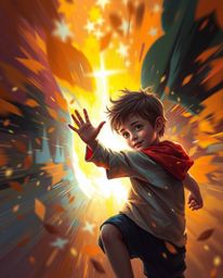 A captivating digital painting depicts a child in dynamic action, discovering a vibrant, glowing portal amidst warm autumn hu