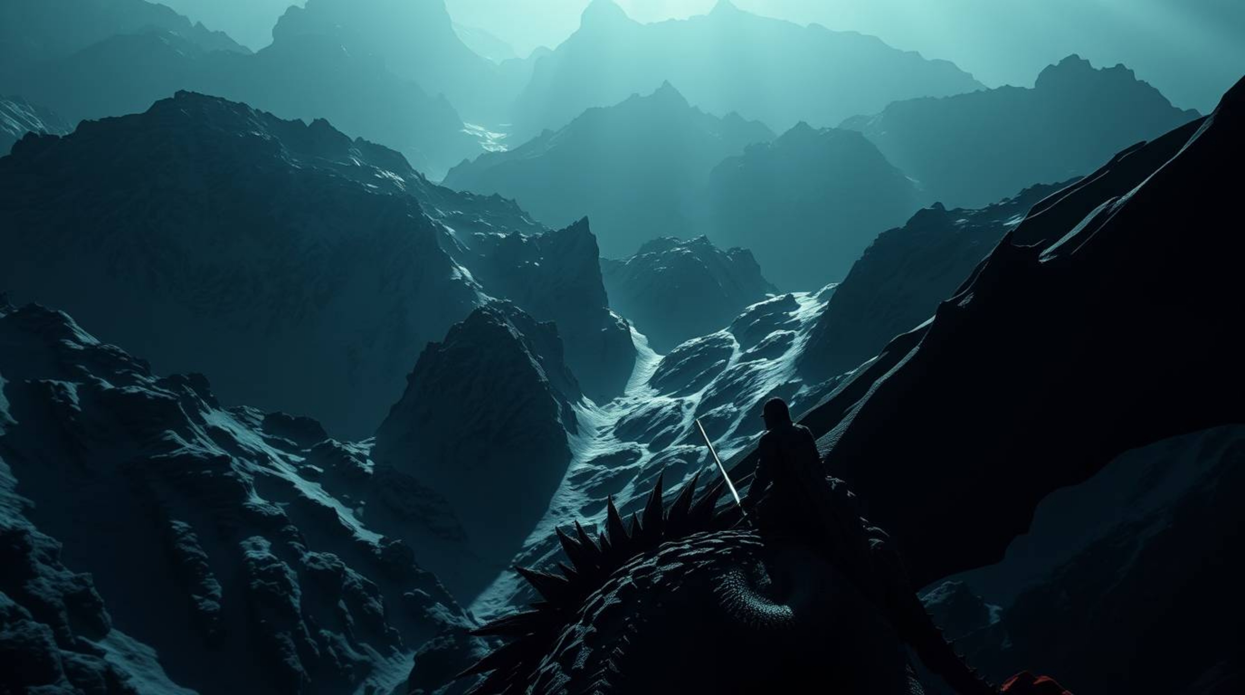 A dramatic high-angle shot depicts a sharply defined dragon and rider soaring above deeply shadowed icy mountains.  The chiar