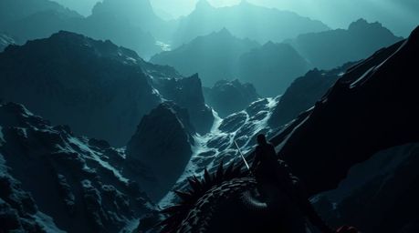 A dramatic high-angle shot depicts a sharply defined dragon and rider soaring above deeply shadowed icy mountains.  The chiar