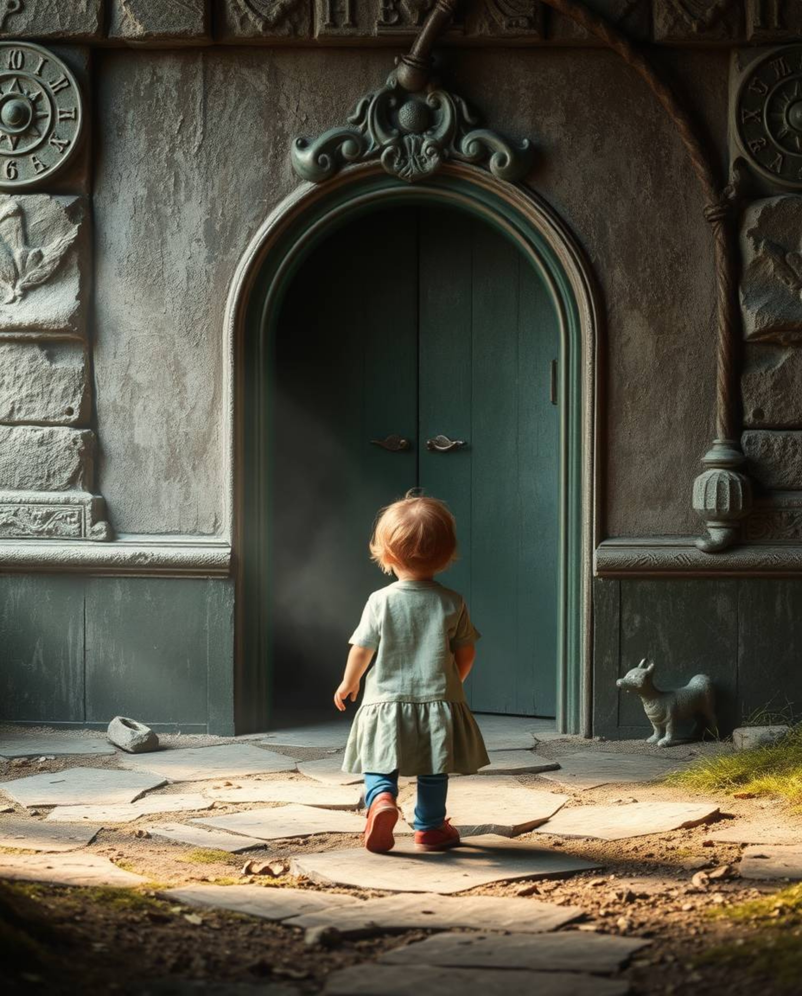 A child's backyard becomes a gateway to the extraordinary as they stumble upon a mysterious portal cast in bronze. The scene 