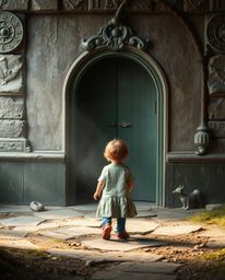 A child's backyard becomes a gateway to the extraordinary as they stumble upon a mysterious portal cast in bronze. The scene