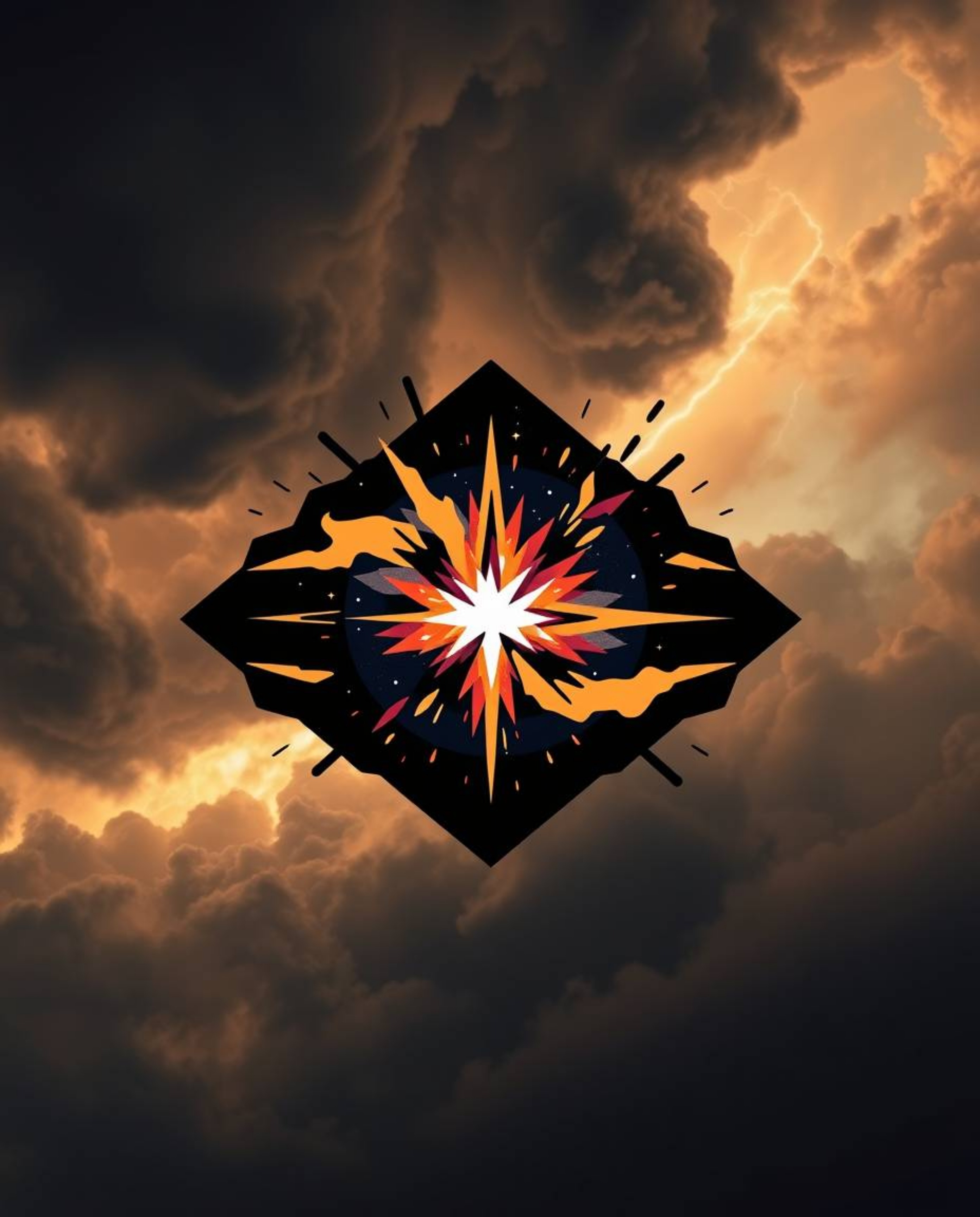 A striking geometric logo design featuring colliding galaxies amidst a cosmic explosion.  The artwork emphasizes clean lines,
