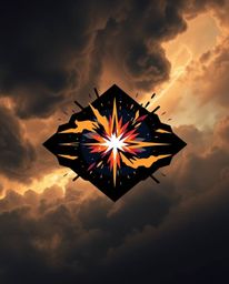 A striking geometric logo design featuring colliding galaxies amidst a cosmic explosion.  The artwork emphasizes clean lines,