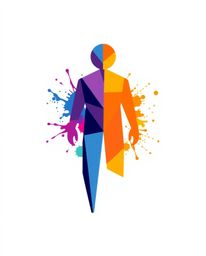 A unique and eye-catching geometric logo design featuring a human silhouette crafted from vibrant, balanced color splashes.  