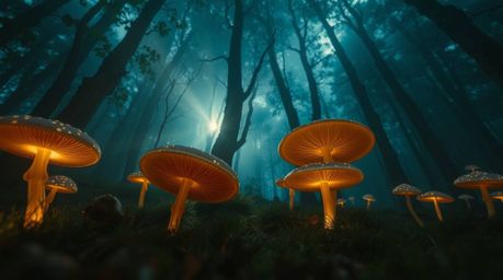 Experience the magic of a vintage-style enchanted forest from a low-angle perspective.  Glowing mushrooms illuminate the scen