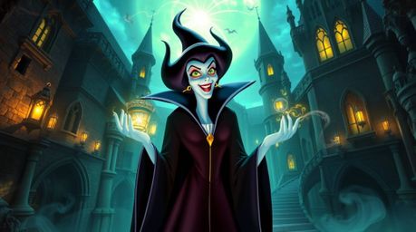A classic Disney villain with ethereal features casts a spell within a surreal, old castle. The scene is filled with biolumi