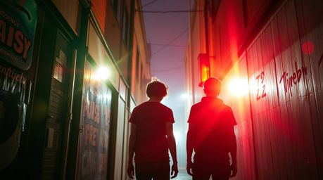 A dramatic cinematic image showcasing rebellious teens silhouetted against the vibrant colors of a grungy city alley.  Bright